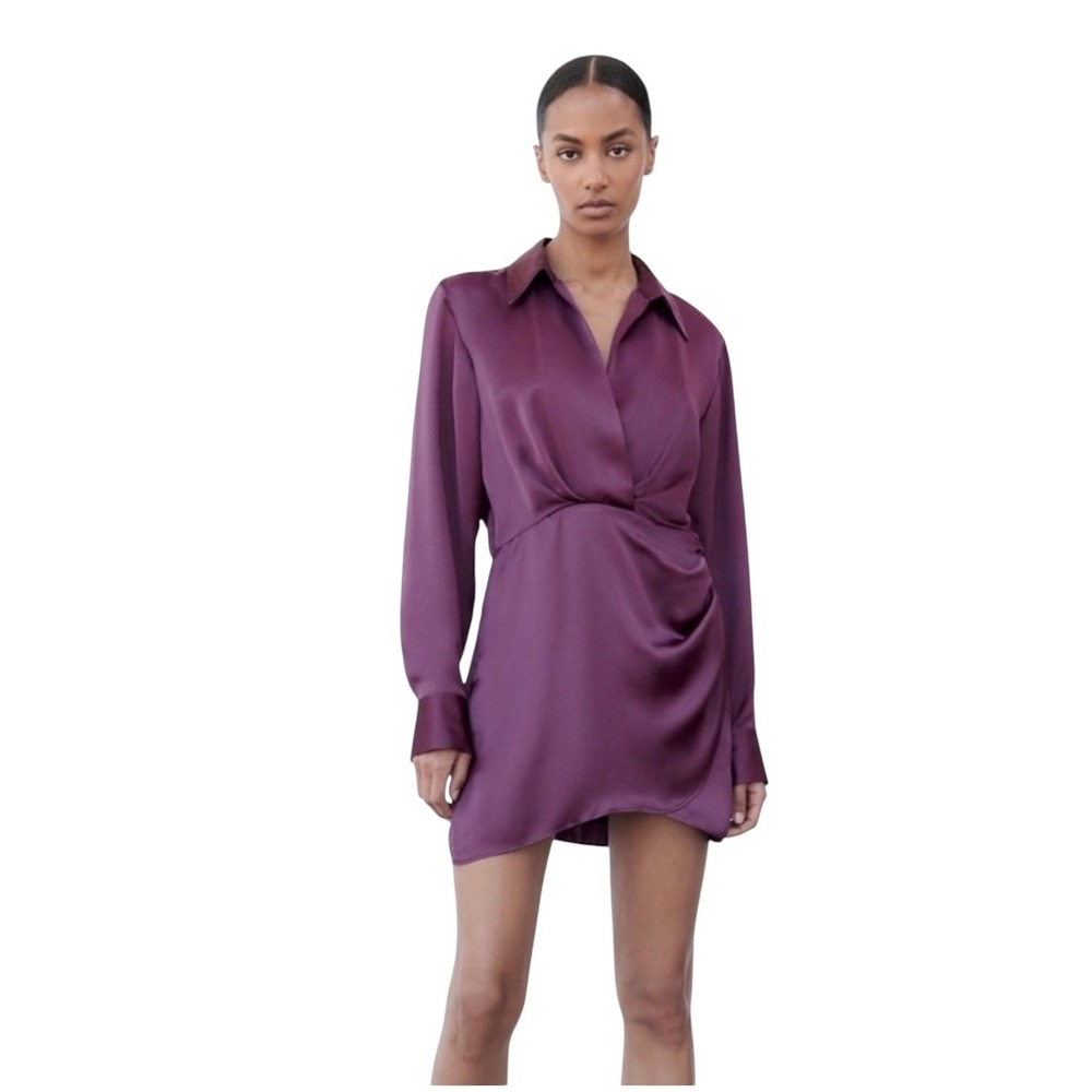 Zara satin effect eggplant colored dress‎ with plunging neckline. Mini. Sz small